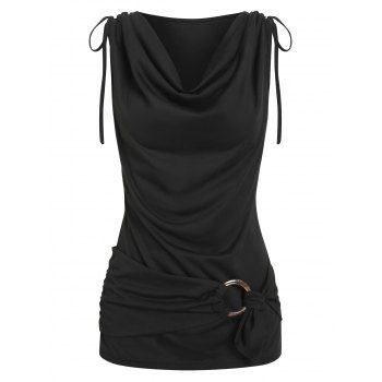 

Gothic Draped Cowl Front Cinched Tie Ruched O Ring Tank Top, Black