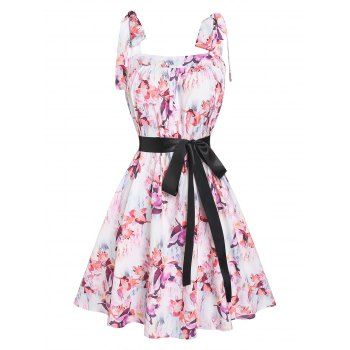 

Tie Shoulder Watercolor Flower Belted Dress, Light purple