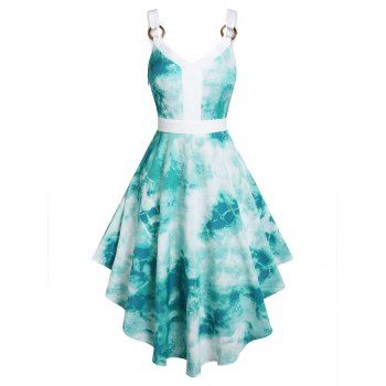 

Ocean Tie Dye Print High Low Dress O Ring Straps V Neck A Line Dress Sleeveless Asymmetric Dress, Green