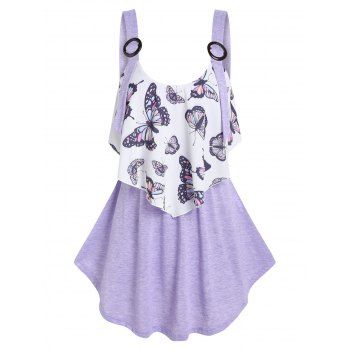 

O Ring Butterfly Print Overlap Backless Tank Top, Light purple