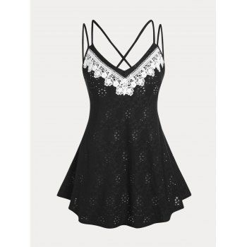 

Plus Size Applique Insert Eyelet Cross Back Cami Top, Black