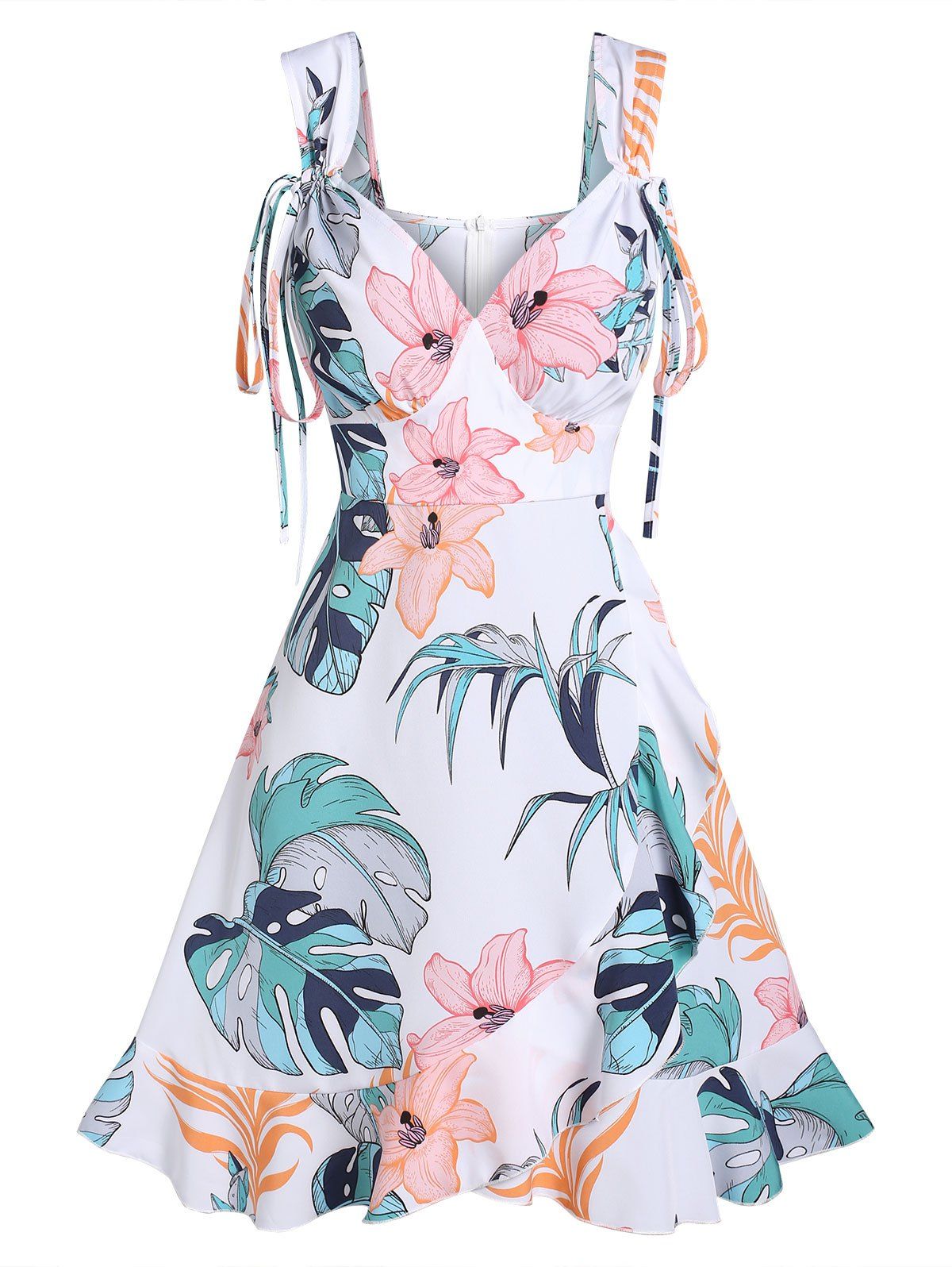 Tropical Leaf Flower Print Vacation Dress Cinched Flounce Hem A Line Mini Dress - WHITE XL
