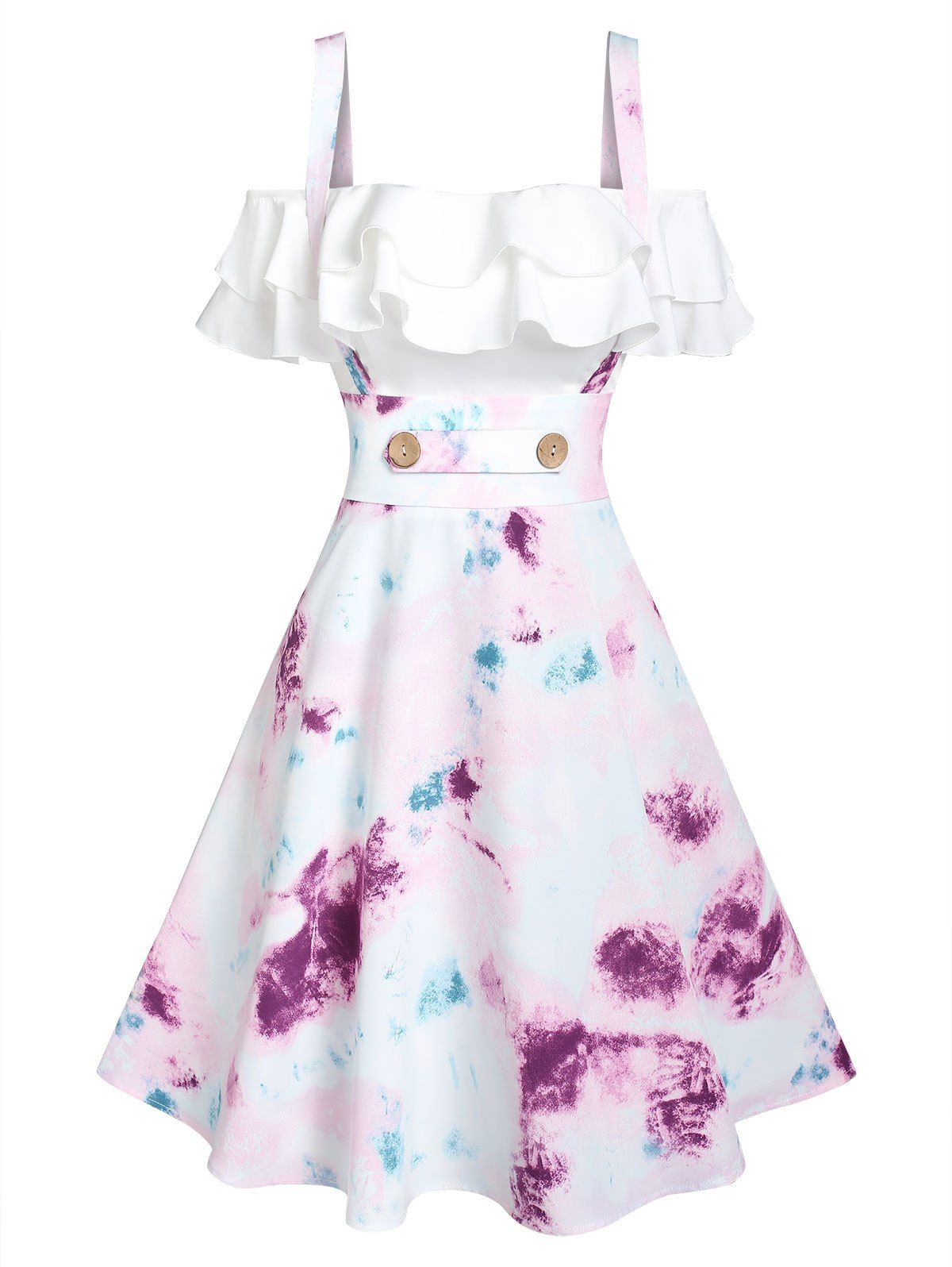 Cold Shoulder Mini Dress Tie Dye Print A Line Dress Mock Button Tiered Frilled Flounce Dress - LIGHT PURPLE XXXL