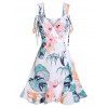 Tropical Leaf Flower Print Vacation Dress Cinched Flounce Hem A Line Mini Dress - WHITE XL