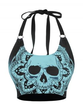 Gothic Swimsuit Top Skull Flower Print Swimwear Top O Ring Halter Summer Beach Bikini Top