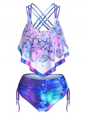 Bohemian Flower Galaxy Vacay Swimwear Crisscross Flounce Cinched High Rise Tankini Swimsuit