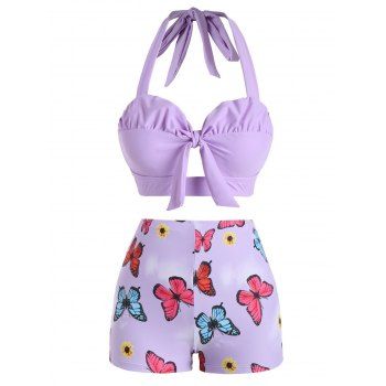 

Tummy Control Butterfly Tankini Swimsuit Ruched Knot Swimwear Set, Light purple