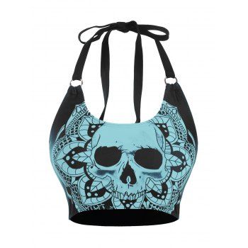 Women Gothic Swimsuit Top Skull Flower Print Swimwear Top O Ring Halter Summer Beach Bikini Top Xl Green