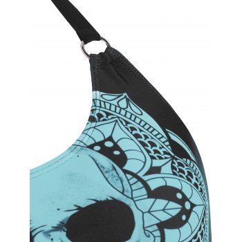 Gothic Swimsuit Top Skull Flower Print Swimwear Top O Ring Halter Summer Beach Bikini Top