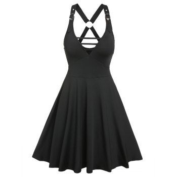 

Summer Ladder Cut Out Corset Style Buckle Strap O-ring Flare Mini Dress, Black