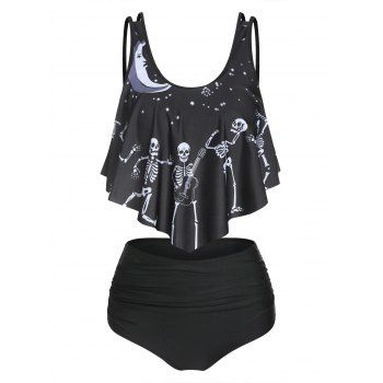 Gothic Tummy Control Swimwear Skeleton Moon Print Flounce High Rise Tankini Swimsuit