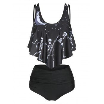 

Gothic Tummy Control Swimwear Skeleton Moon Print Flounce High Rise Tankini Swimsuit, Black