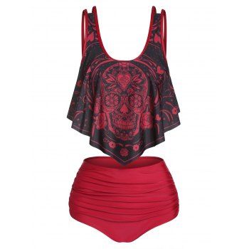 

Tummy Control Tankini Swimsuit Gothic Swimwear Skull Print Ruched Full Coverage Beach Bathing Suit, Deep red
