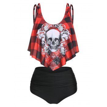 

Gothic Plaid Tummy Control Swimsuit Skull Ruched Tankini Swimwear Set, Red