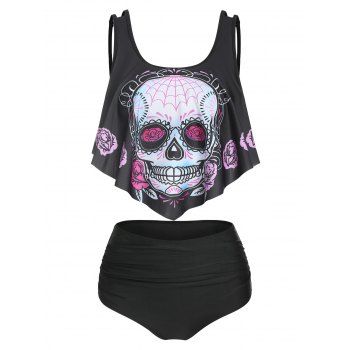 

Skull Flower Print Flounce Tankini Swimsuit, Black