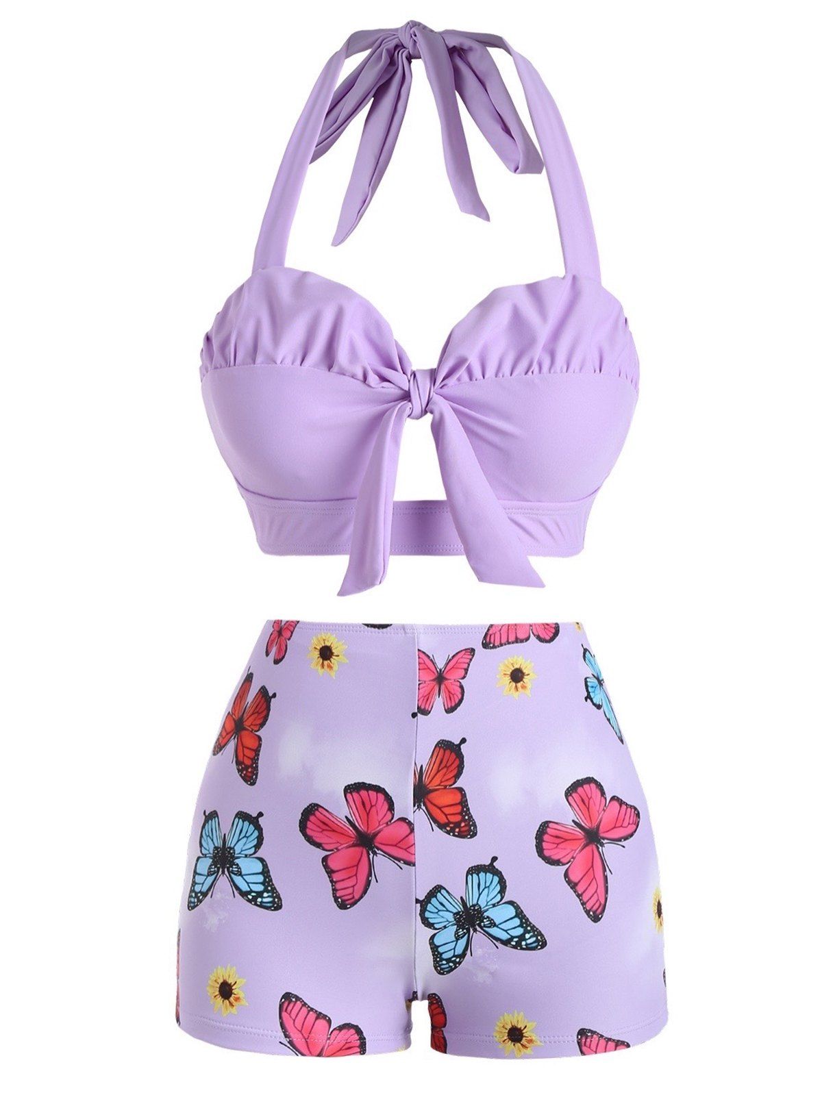 Tummy Control Butterfly Tankini Swimsuit Ruched Knot Swimwear Set - LIGHT PURPLE XXL