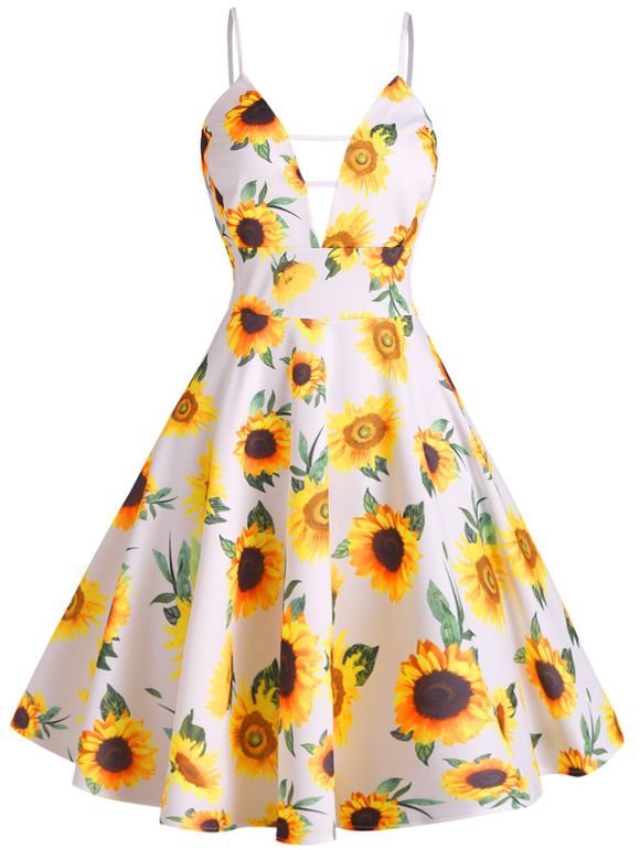 Plus Size & Curve Dress Sunflower Dress Ladder Cut Plunge Front Skater A Line Dress - YELLOW L