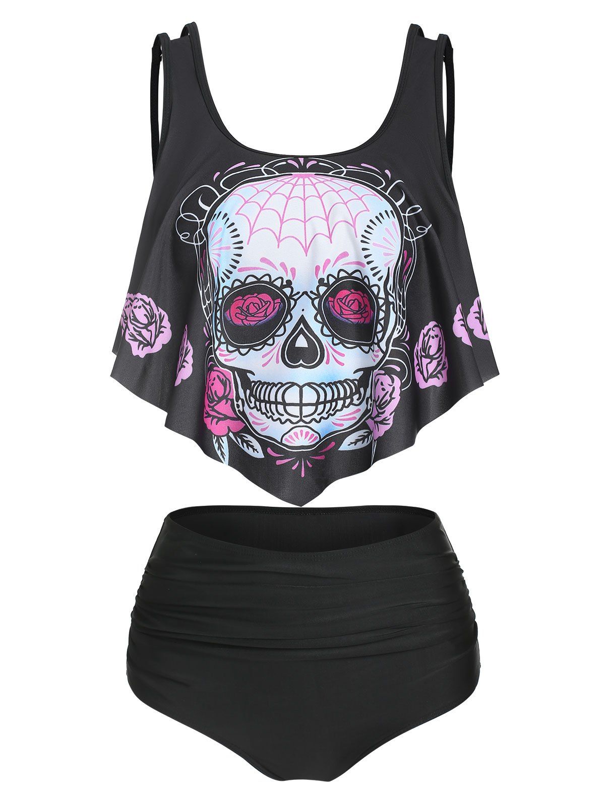 Skull Flower Print Flounce Tankini Swimsuit - BLACK L