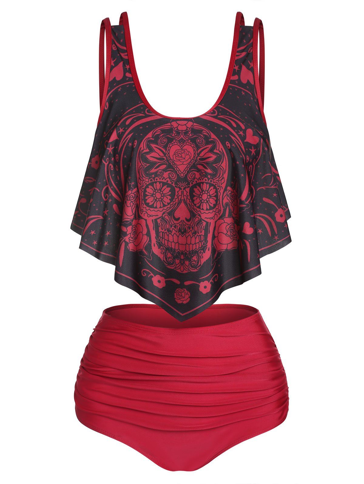 Tummy Control Tankini Swimsuit Gothic Swimwear Skull Print Ruched Full Coverage Beach Bathing Suit - DEEP RED XL