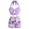 Haut Rembourré Découpé Contrôle du Ventre Nœud Papillon et Short à Imprimé Papillon - Violet clair M