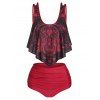 Tummy Control Tankini Swimsuit Gothic Swimwear Skull Print Ruched Full Coverage Beach Bathing Suit - DEEP RED M