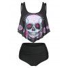 Skull Flower Print Flounce Tankini Swimsuit - BLACK XXL