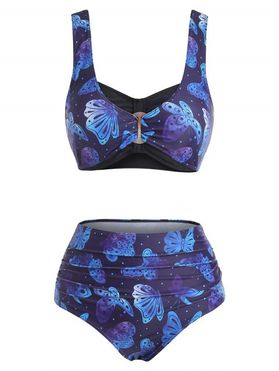 Tummy Control Bikini Swimsuit Retro Swimwear Butterfly Print Full Coverage Ruched Beach Bathing Suit