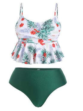 Plus Size Tropical Print Crossover Flounce Tankini Swimsuit