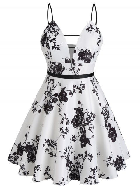 Plus Size & Curve Sundress Floral Print A Line Dress Ladder Cut Out Mini Dress