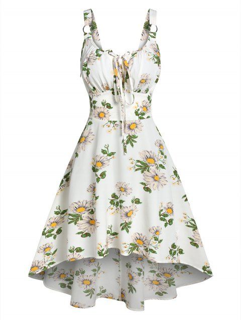 Flower Print Vacation Sundress Garden Party Dress Lace Up O Ring High Low Dress