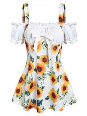Sunflower Print Bowknot Cold Shoulder 2 In 1 Tee