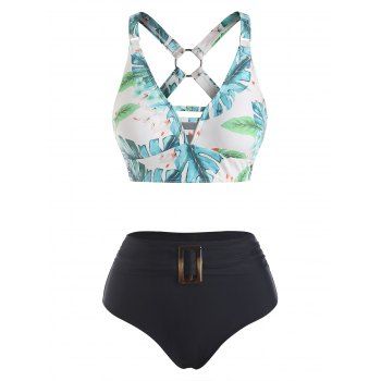 

Tropical Print Crossover Padded Bikini Swinsuit, Black