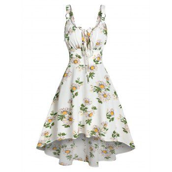 

Flower Print Vacation Sundress Garden Party Dress Lace Up O Ring High Low Dress, White