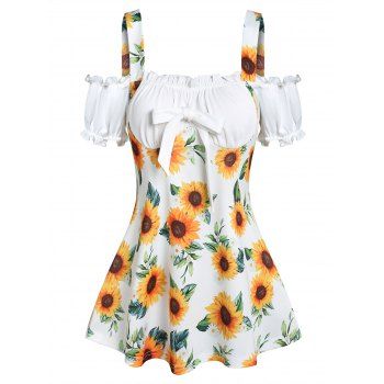 

Sunflower Print Bowknot Cold Shoulder 2 In 1 Tee, Yellow