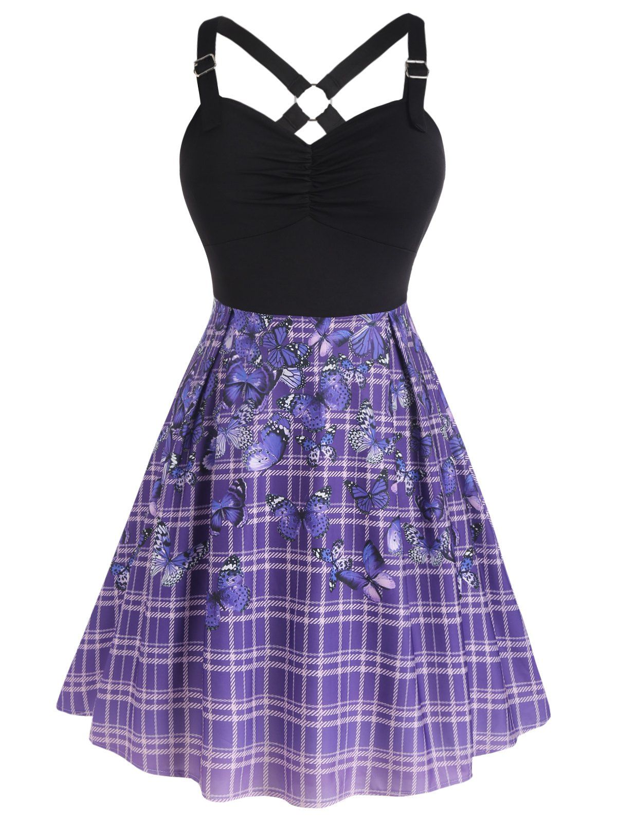 Plus Size Dress Butterfly Plaid Print High Waisted Dress O Ring Ruched A Line Dress - PURPLE 3X