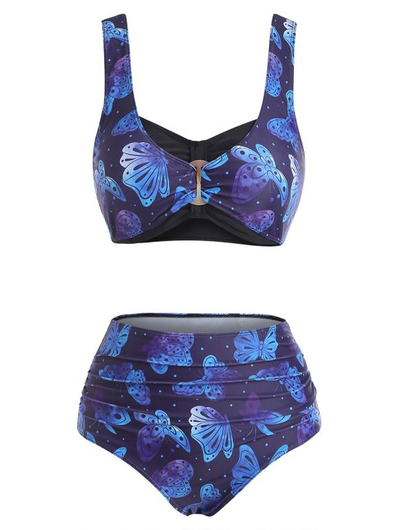 Tummy Control Bikini Swimsuit Retro Swimwear Butterfly Print Full Coverage Ruched Beach Bathing Suit - BLUE L