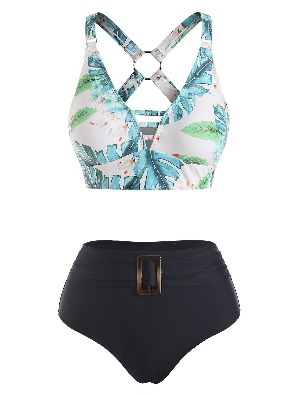 Tropical Print Crossover Padded Bikini Swinsuit - BLACK XXXL