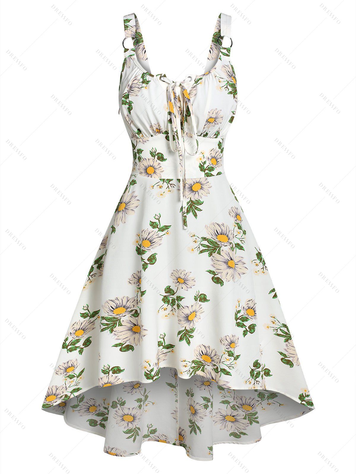 Flower Print Vacation Sundress Garden Party Dress Lace Up O Ring High Low Dress - WHITE M