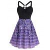 Plus Size Dress Butterfly Plaid Print High Waisted Dress O Ring Ruched A Line Dress - PURPLE 3X