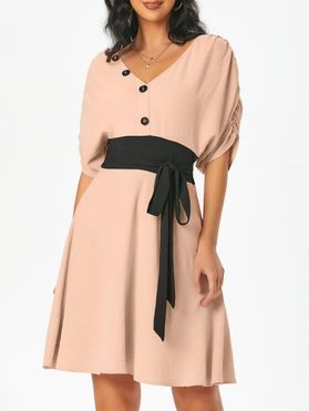 Ruched Sleeve Mini Dress Contrast Waist Bowknot A Line Dress Mock Button V Neck Dress