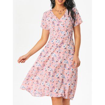 

Vacation Ditsy Floral Print Smocked Waist Surplice A Line Dress, Light pink