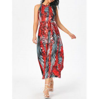 

Leaf Print Belted Keyhole Back Dress, Multicolor