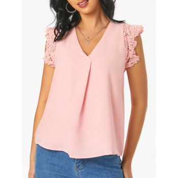 

Guipure Insert Cap Sleeve Pleated Detail Blouse, Light pink