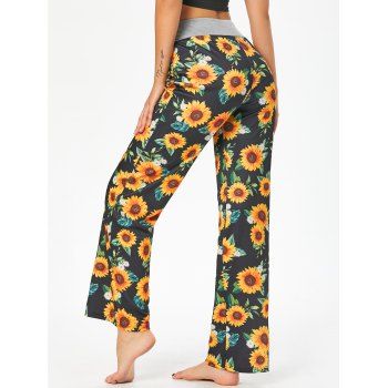

Drawstring Sunflower Print High Rise Wide Leg Pants, Black