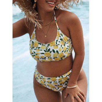 

Halter Rose Print Padded Bikini Swimsuit, Multicolor