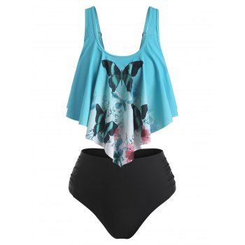 

Contrast Butterfly Tankini Swimsuit Tummy Control Flounce Swimwear Set, Light green