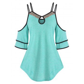 

Plus Size Sequins Cold Shoulder Double Strap Tee, Light green