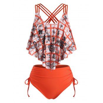 

Criss Cross Floral Plaid Cinched Tie Tankini Swimwear, Orange