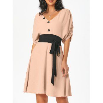 

Ruched Sleeve Mini Dress Contrast Waist Bowknot A Line Dress Mock Button V Neck Dress, Light pink