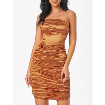 

Rhinestone Ruched Boned Detail Slinky Slip Dress, Coffee